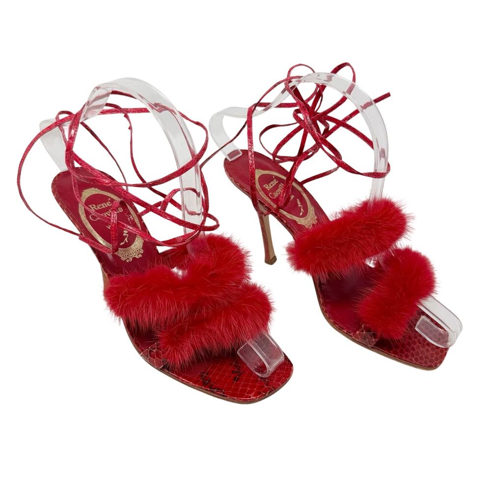 Rene Caovilla Red Python Mink Fur Lace-Up Boudoir Sandal Y2K EU 37 US 7